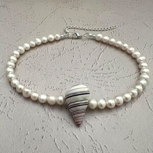 Handmade Pearl & Shell Choker Necklace Artisan Coastal Jewelry 14" + 3.5" extend